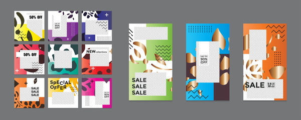 Editable social media post templates, Instagram story collections, social networking frames, layout designs, Mock-ups for marketing promotions, covers, banners, backgrounds, square puzzles. vector