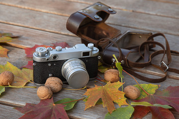 Still life autumn mood picture with vintage rangefinder camera, leather holster, leaves and nuts on...