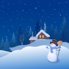 Christmas night village and greeting snowman, snowfall scene, cute cartoon illustration