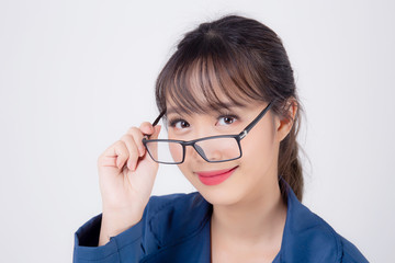 beautiful portrait young business asian woman standing wearing glasses with confident isolated on white background, asia businesswoman career secretary or accountant work success with smiling happy.