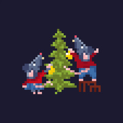 A pair of cute festive rats decorate the Christmas tree with balls.