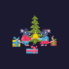 Obraz premium A pair of cute holiday rats give each other presents at the Christmas tree.