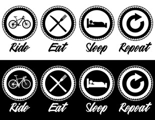 ride, eat, sleep, repeat, a simple day of a cyclist, ideal fot t shirts, stamps or stickers. vector illustration bike. routine