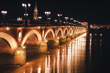 Pont de Pierre in the night , Bordeaux France