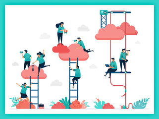 Vector of stair, job title, position. Increase position and ranking in company instantly. Try hard up stair to reach clouds. Teamwork in business. choose career, job title in a corporate organization