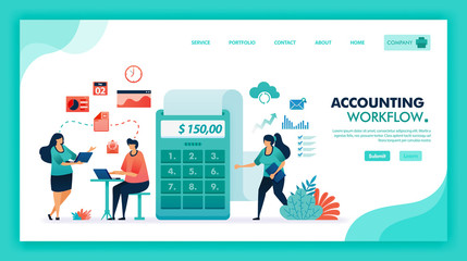 Accountants brainstorming and work meeting to calculate company profit and balance sheet with giant calculator to post work reports, Accounting and banking workflow. Flat illustration vector design.