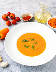 Close up of a plate with creamy winter lentil soup