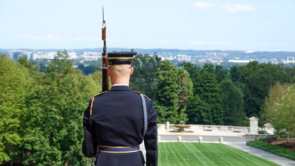 Close up view of a soldier during the Changing of Guard at Tomb of the Unknowns, Arlington National Cemetery, Washington DC, USA