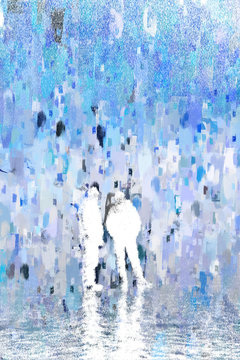Abstract painting of two people standing on bright background