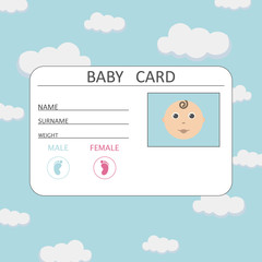 Welcome baby card on blue sky background with name, surname, photo, weight, vector illustration.