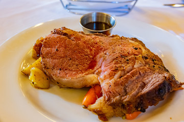 Close up shot of fried beef steak