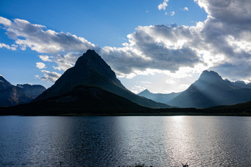 Sunset view of the Mount Wilbur, Swiftcurrent Lake in the Many Glacier area of the famous Glacier National Park