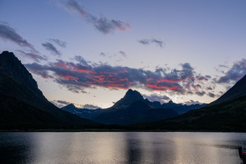 Sunset view of the Mount Wilbur, Swiftcurrent Lake in the Many Glacier area of the famous Glacier National Park