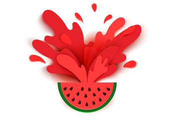 Watermelon juice splashes and drops in a paper cut style. Watermelon slices and paper slices. soft shadows and rich bright colors. stock vector illustration.