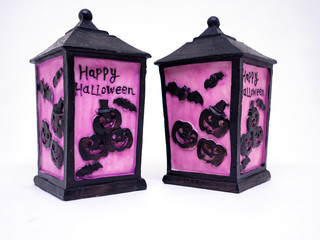 two light box Halloween decoration on white background. lamp pumpkin Halloween