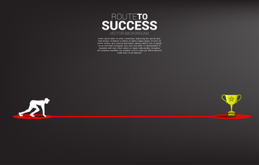 silhouette of businessman ready to run to trophy at end of route. Concept of vision mission and goal of business
