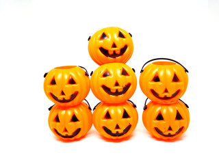 many jack o'lantern, Halloween pumpkin baskets on white background