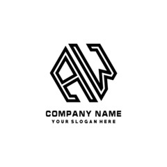 BW initial letters, hexagon logo minimalist art lines, black color