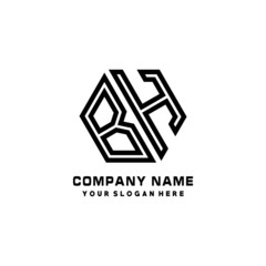 BH initial letters, hexagon logo minimalist art lines, black color