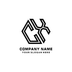 CX initial letters, hexagon logo minimalist art lines, black color