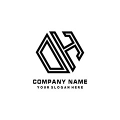 DH initial letters, hexagon logo minimalist art lines, black color