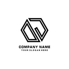 DJ initial letters, hexagon logo minimalist art lines, black color