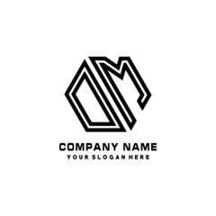 DM initial letters, hexagon logo minimalist art lines, black color