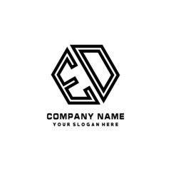 ED initial letters, hexagon logo minimalist art lines, black color
