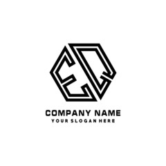 EQ initial letters, hexagon logo minimalist art lines, black color