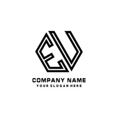EU initial letters, hexagon logo minimalist art lines, black color