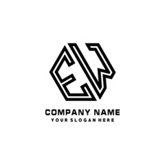 EW initial letters, hexagon logo minimalist art lines, black color