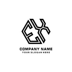 EX initial letters, hexagon logo minimalist art lines, black color
