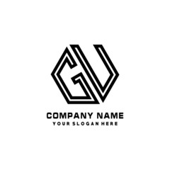 GU initial letters, hexagon logo minimalist art lines, black color