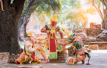 Khon is art culture Thailand Dancing in masked.This Acting scene pantomime show 