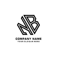 NB initial letters, hexagon logo minimalist art lines, black color
