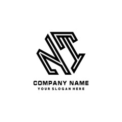 NT initial letters, hexagon logo minimalist art lines, black color