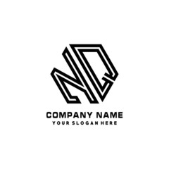 NQ initial letters, hexagon logo minimalist art lines, black color