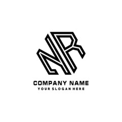 NR initial letters, hexagon logo minimalist art lines, black color