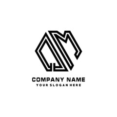 QM initial letters, hexagon logo minimalist art lines, black color