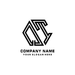 QT initial letters, hexagon logo minimalist art lines, black color