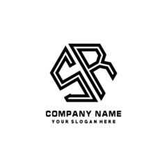 SR initial letters, hexagon logo minimalist art lines, black color