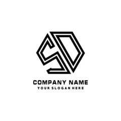 SD initial letters, hexagon logo minimalist art lines, black color