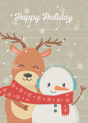 Fototapeta premium snowman reindeer celebration happy christmas card