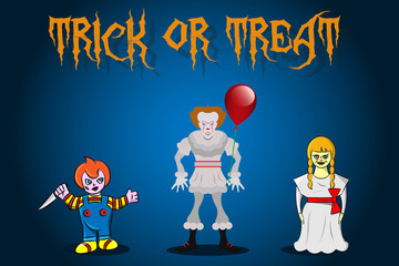 Halloween celebration with spooky clown and doll background.