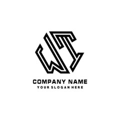 WT initial letters, hexagon logo minimalist art lines, black color