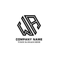 WA initial letters, hexagon logo minimalist art lines, black color