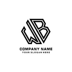 WB initial letters, hexagon logo minimalist art lines, black color