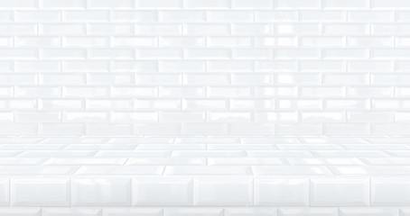 3D clean white tile table studio background textured for product display with copy space for display of content design.Banner for advertise product on website.3d rendering.