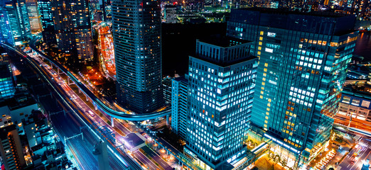 Aerial view of the cityscape of Minato, Tokyo, Japan at night