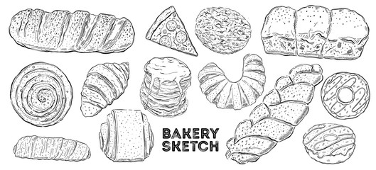 Bakery sketch set. Hand drawing cuisine. All elements are isolated in white background.
